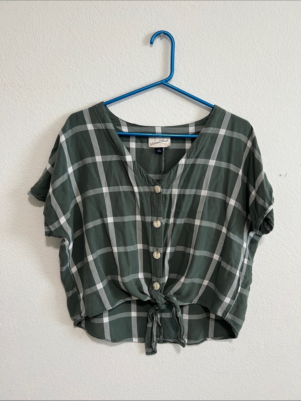 Green Plaid Button-Front Tie-Hem Blouse Dolman sleeve, summer top, cowboy